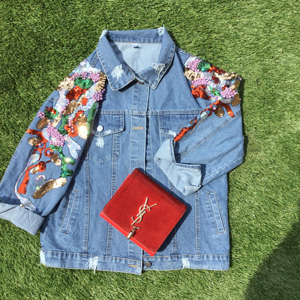Bead and embroidered denim jacket