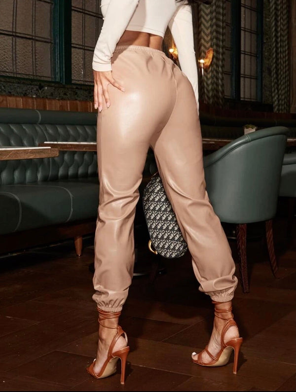 Tan Faux Leather Joggers