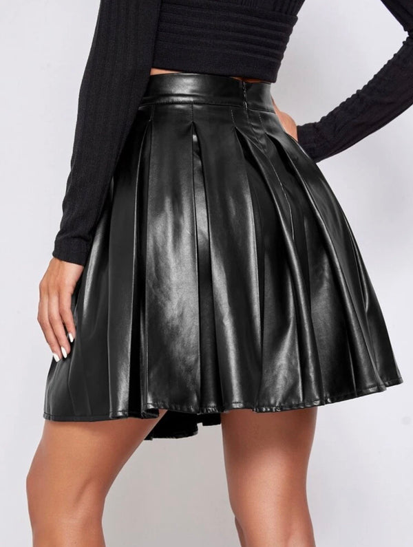 Preppy Pleated Vegan Leather Skirt